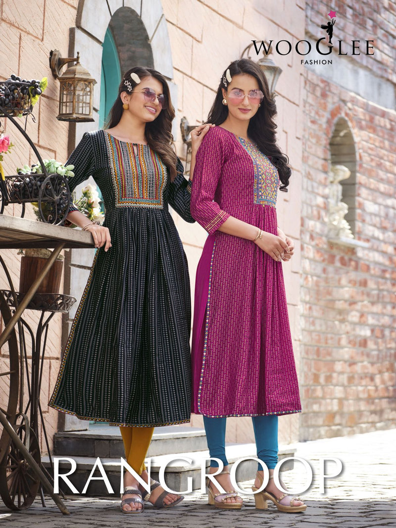 Wooglee Rangroop Rayon Printed Work Nayra Cut Designer Kurti