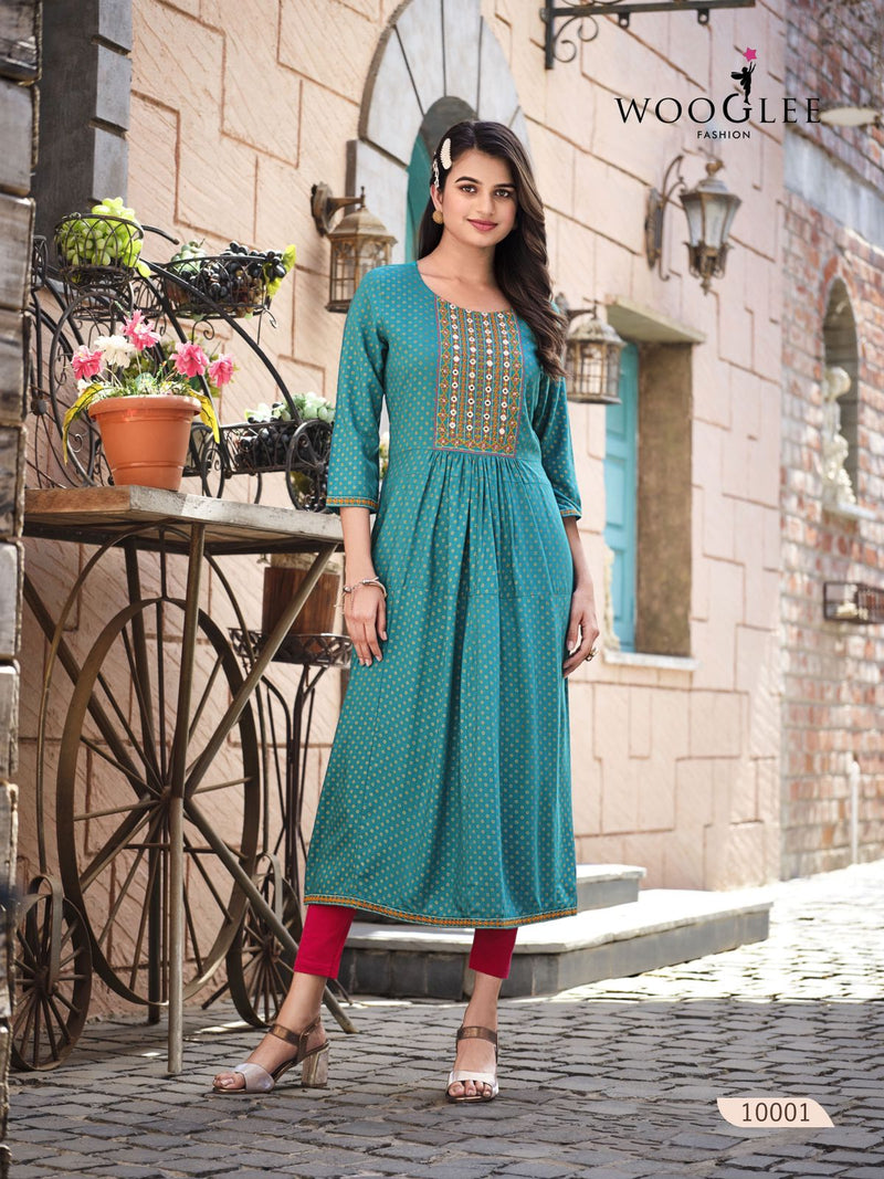 Wooglee Rangroop Rayon Printed Work Nayra Cut Designer Kurti