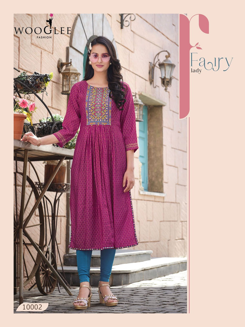 Wooglee Rangroop Rayon Printed Work Nayra Cut Designer Kurti