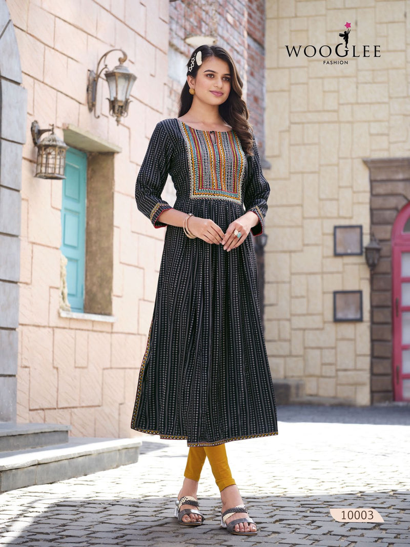 Wooglee Rangroop Rayon Printed Work Nayra Cut Designer Kurti