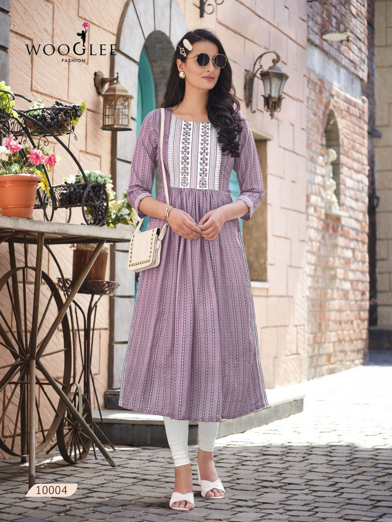Wooglee Rangroop Rayon Printed Work Nayra Cut Designer Kurti