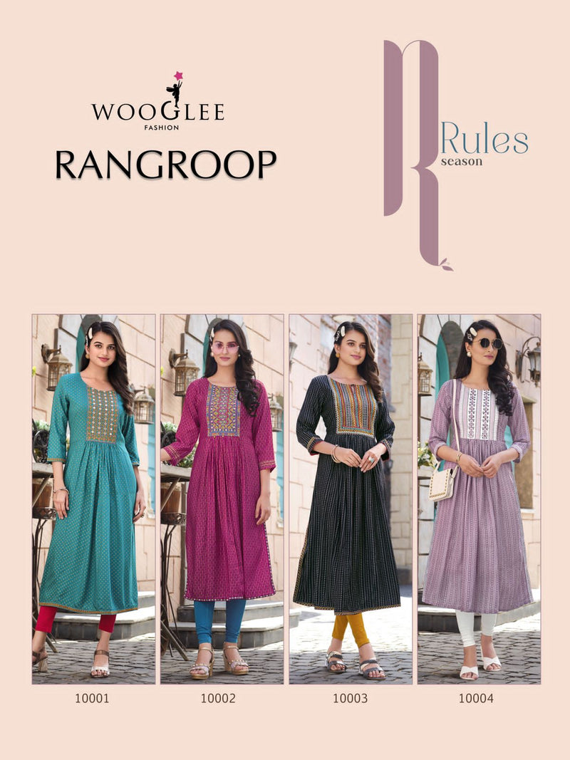 Wooglee Rangroop Rayon Printed Work Nayra Cut Designer Kurti