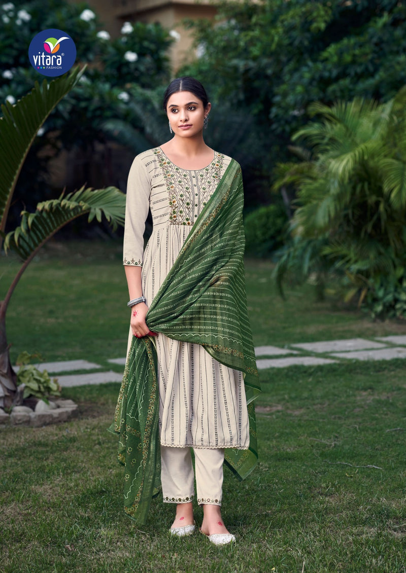 Vitara Fashion Rasiya Weaving Cotton Fancy Embroidery Designer Naira Style Kurti Combo Set