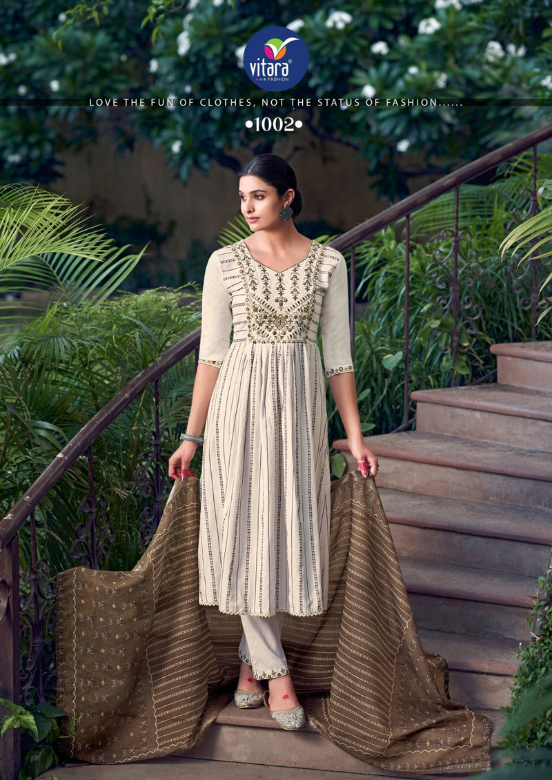Vitara Fashion Rasiya Weaving Cotton Fancy Embroidery Designer Naira Style Kurti Combo Set
