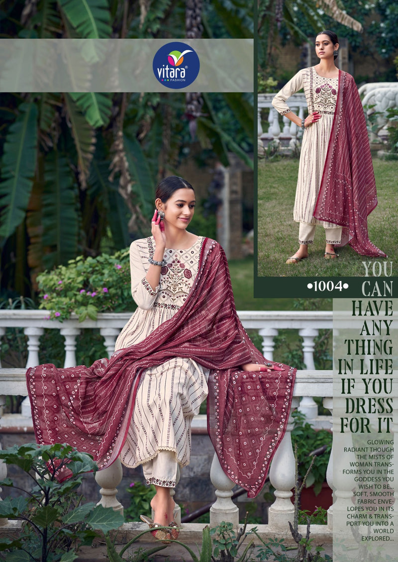 Vitara Fashion Rasiya Weaving Cotton Fancy Embroidery Designer Naira Style Kurti Combo Set