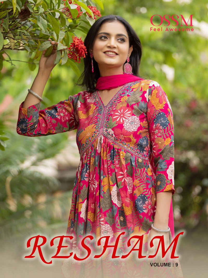 Ossm Resham Vol 9 Modal Chanderi Foil Printed Embroidered Alia Cut Kurtis