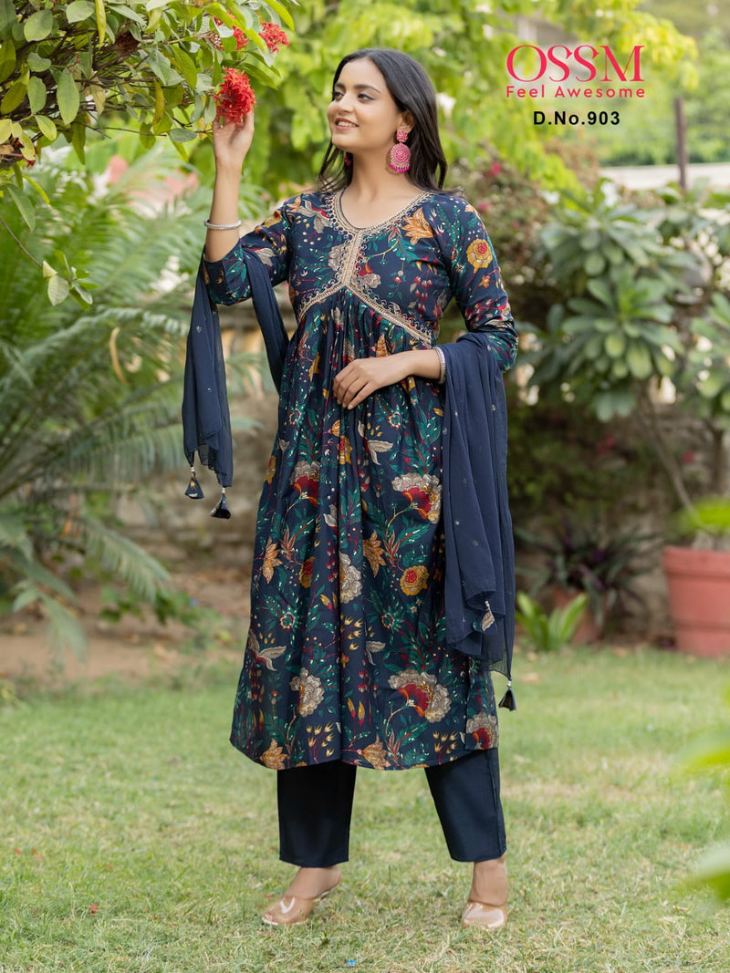 Ossm Resham Vol 9 Modal Chanderi Foil Printed Embroidered Alia Cut Kurtis