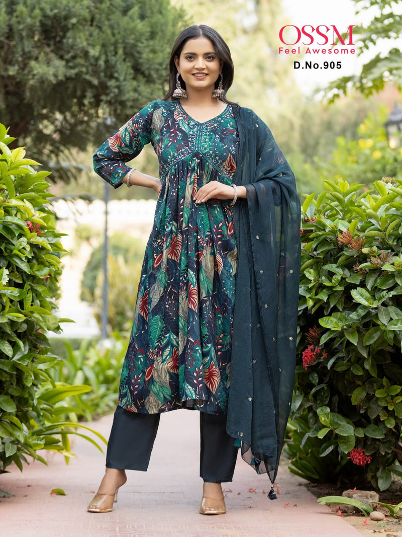 Ossm Resham Vol 9 Modal Chanderi Foil Printed Embroidered Alia Cut Kurtis