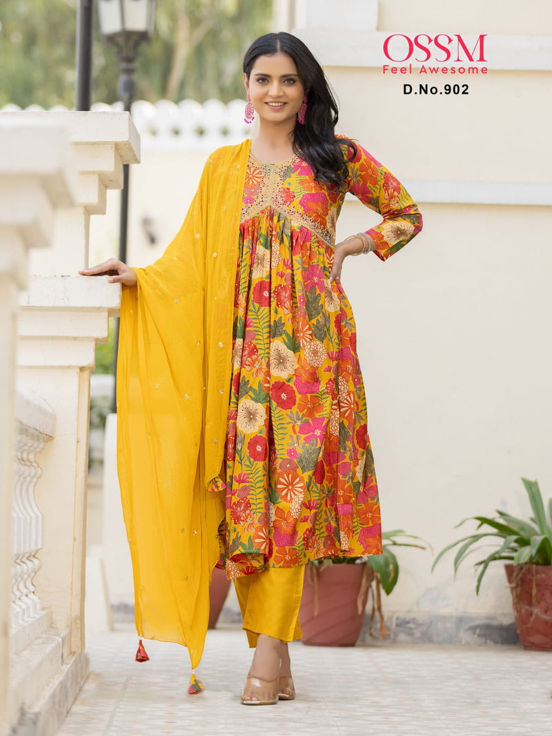 Ossm Resham Vol 9 Modal Chanderi Foil Printed Embroidered Alia Cut Kurtis