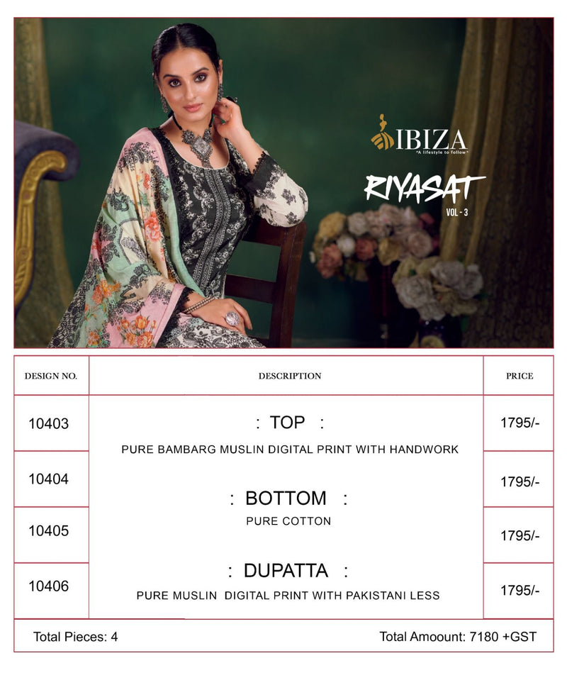 Ibiza Riyasat Vol 3 Muslin Digital Print With Fancy Hand Work Designer Suits