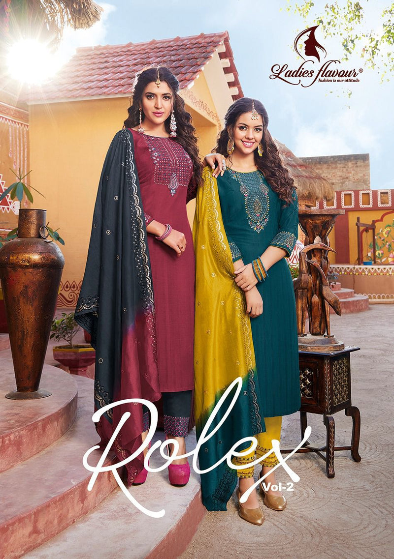 Ladies Flavour Rolex Vol 2 Chinon Weaving Embroidery Sequence Work Fancy Designer Kurti