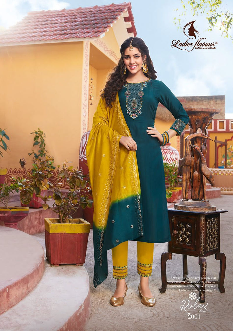 Ladies Flavour Rolex Vol 2 Chinon Weaving Embroidery Sequence Work Fancy Designer Kurti