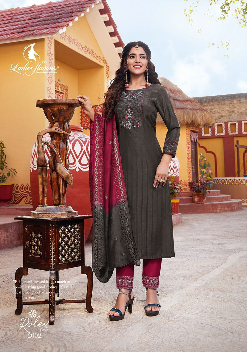 Ladies Flavour Rolex Vol 2 Chinon Weaving Embroidery Sequence Work Fancy Designer Kurti