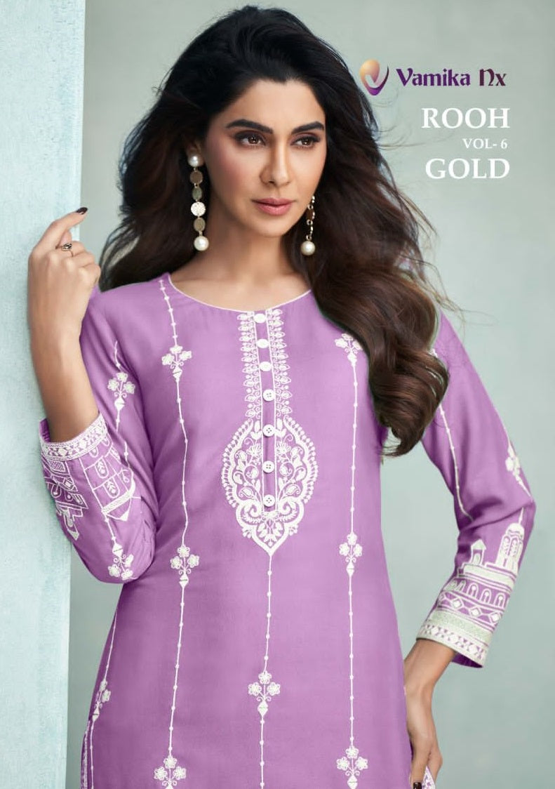 Vamika Nx Rooh Vol 6 Gold Viscose Rayon With Lakhnavi Work Designer Kurti With Bottom Pair