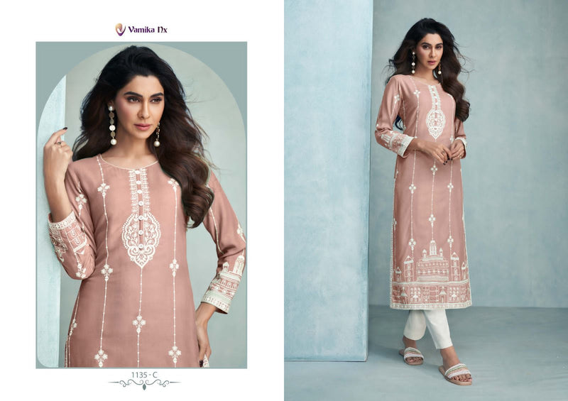 Vamika Nx Rooh Vol 6 Gold Viscose Rayon With Lakhnavi Work Designer Kurti With Bottom Pair