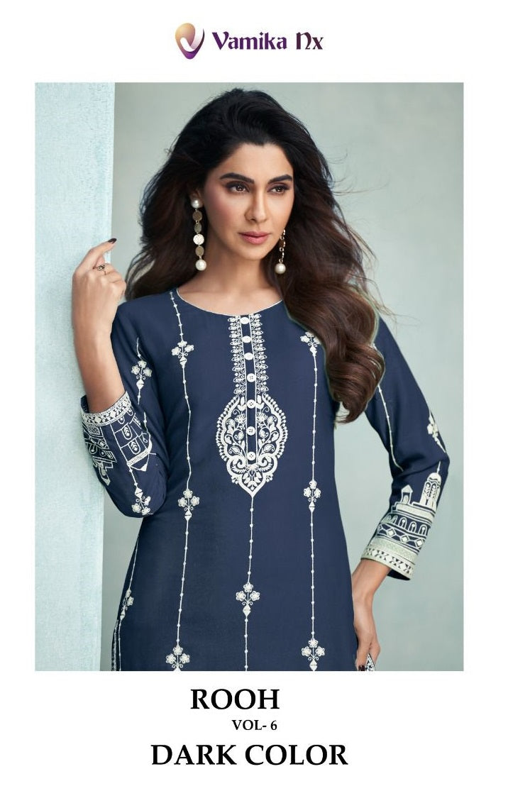Vamika Nx Rooh Vol 6 Dark Color Viscose Rayon Fancy Designer Kurti With Pant Collection