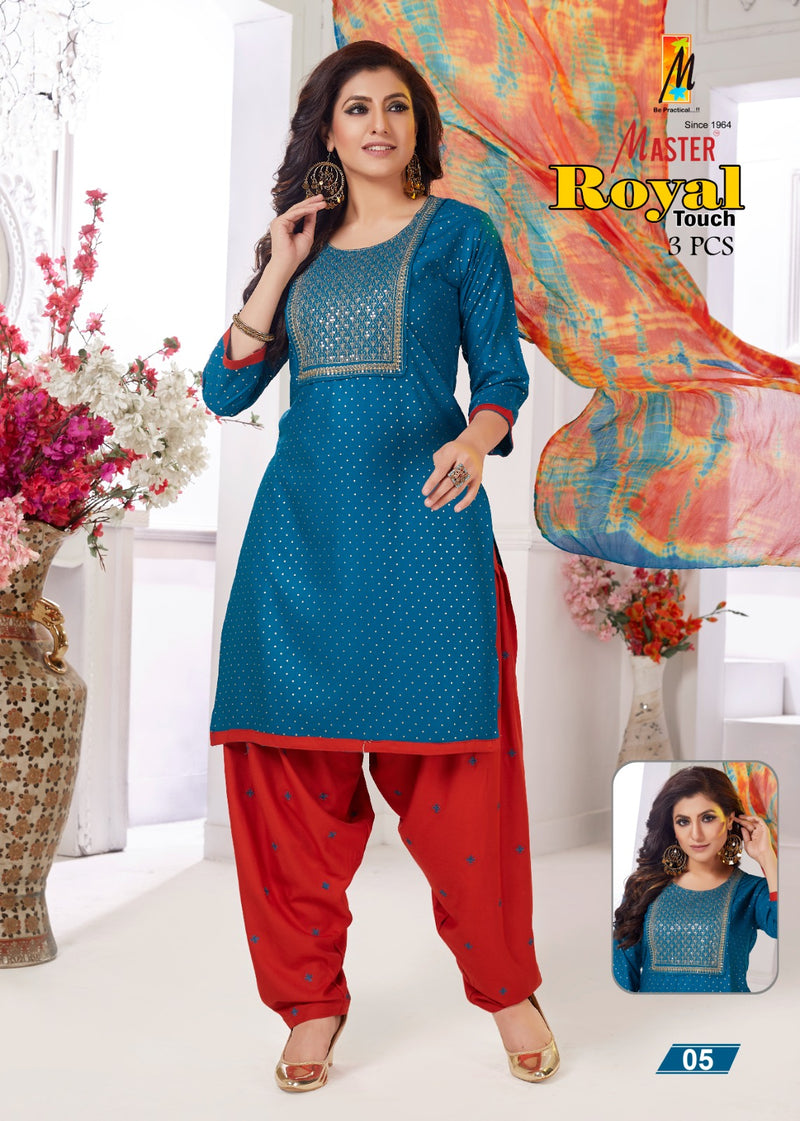 Master Royal Touch Rayon Foil Printed Kurti With Patiyala Bottom & Dupatta Combo