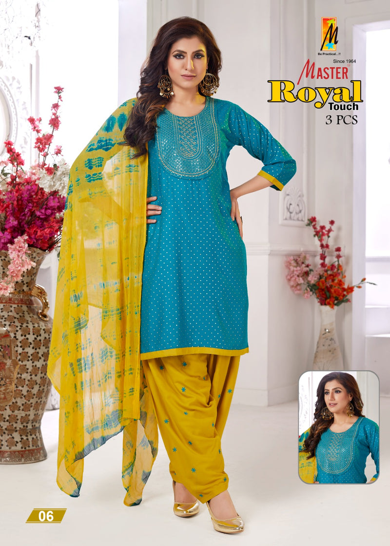 Master Royal Touch Rayon Foil Printed Kurti With Patiyala Bottom & Dupatta Combo