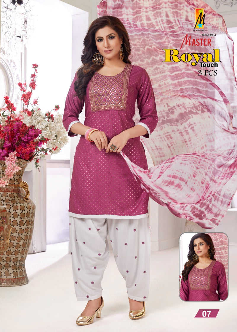 Master Royal Touch Rayon Foil Printed Kurti With Patiyala Bottom & Dupatta Combo
