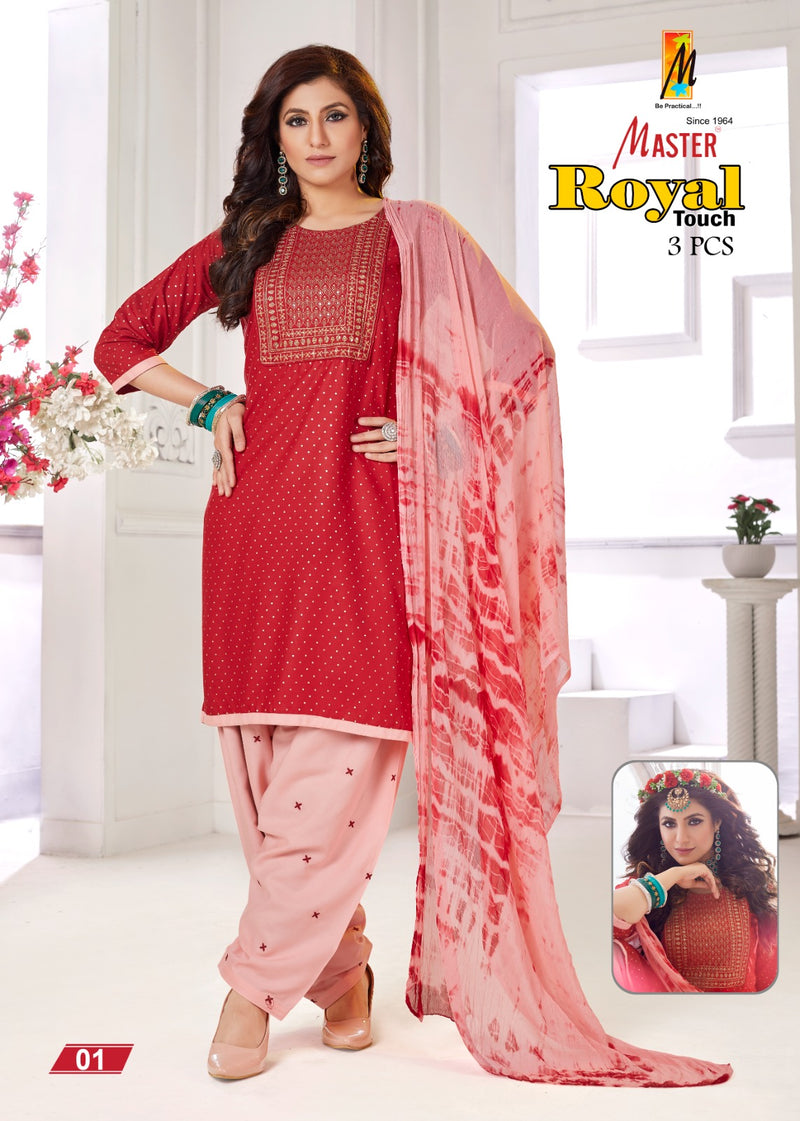 Master Royal Touch Rayon Foil Printed Kurti With Patiyala Bottom & Dupatta Combo