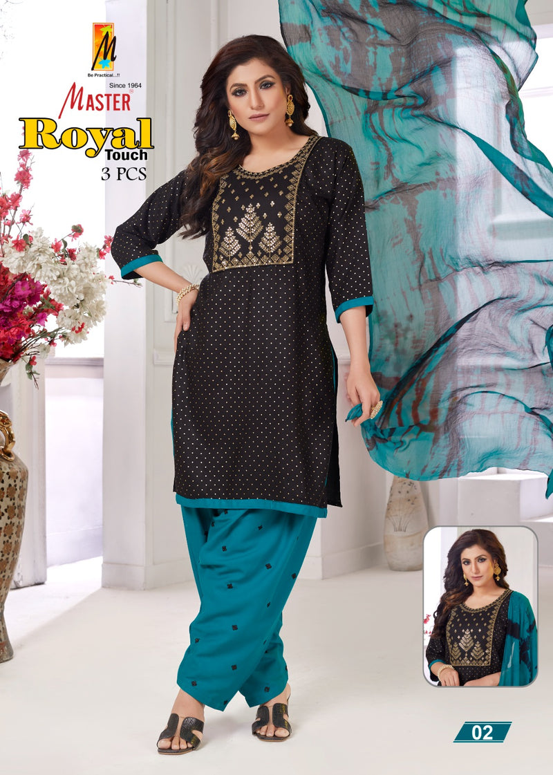 Master Royal Touch Rayon Foil Printed Kurti With Patiyala Bottom & Dupatta Combo