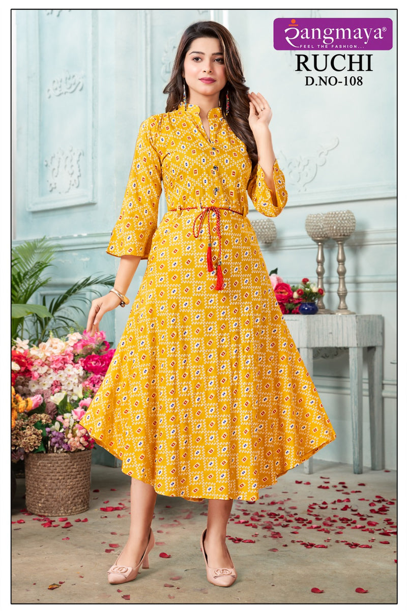 Rangmaya Ruchi Rayon Printed Fancy Wetern Look Readymade Gown Collection