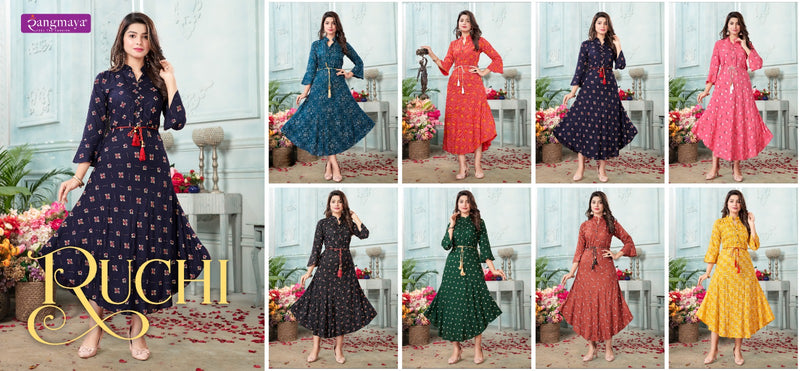 Rangmaya Ruchi Rayon Printed Fancy Wetern Look Readymade Gown Collection