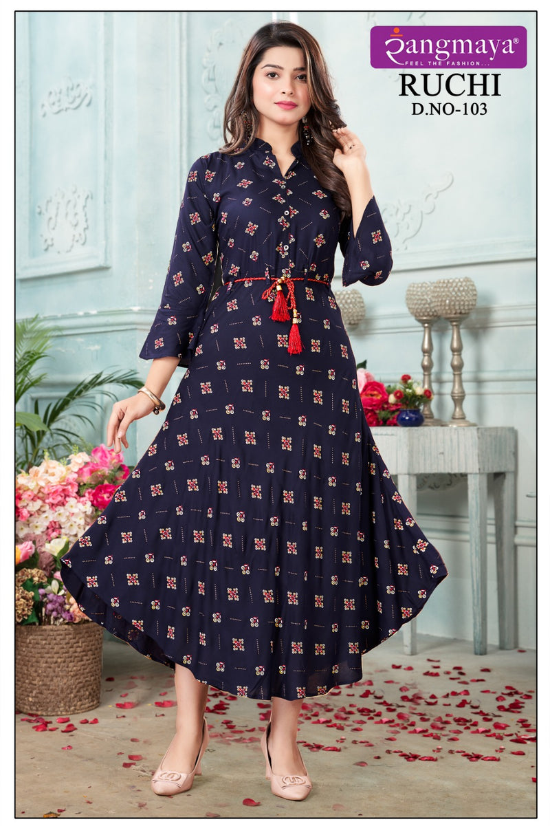 Rangmaya Ruchi Rayon Printed Fancy Wetern Look Readymade Gown Collection