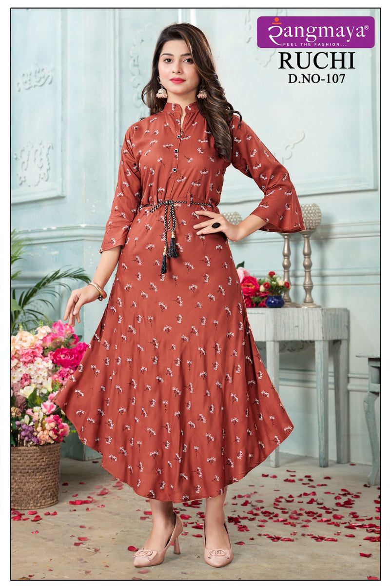 Rangmaya Ruchi Rayon Printed Fancy Wetern Look Readymade Gown Collection