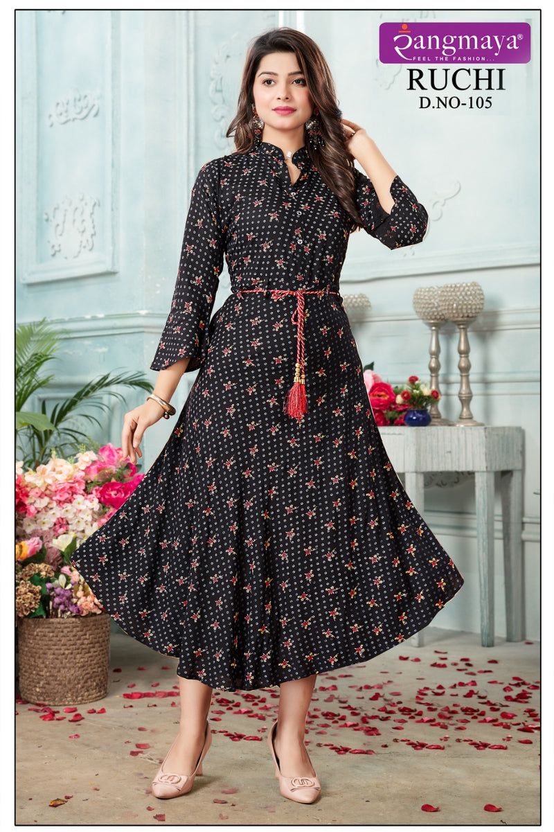 Rangmaya Ruchi Rayon Printed Fancy Wetern Look Readymade Gown Collection