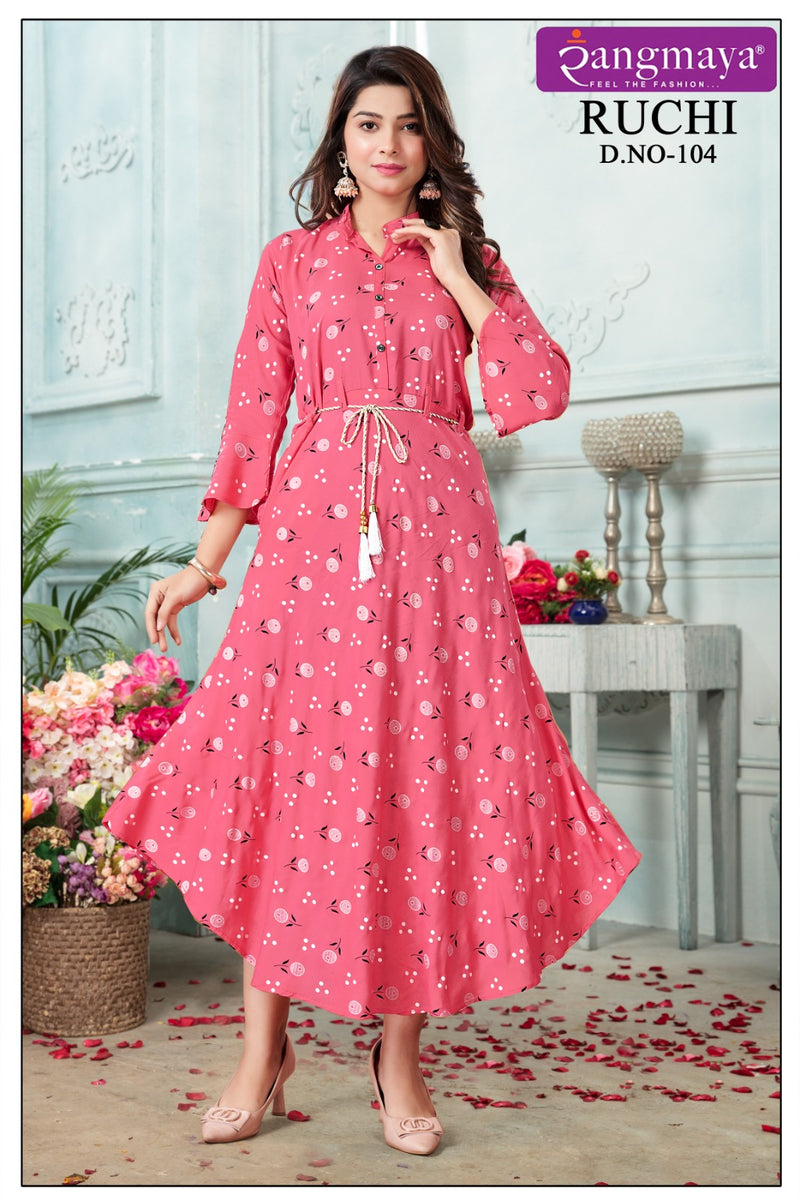 Rangmaya Ruchi Rayon Printed Fancy Wetern Look Readymade Gown Collection