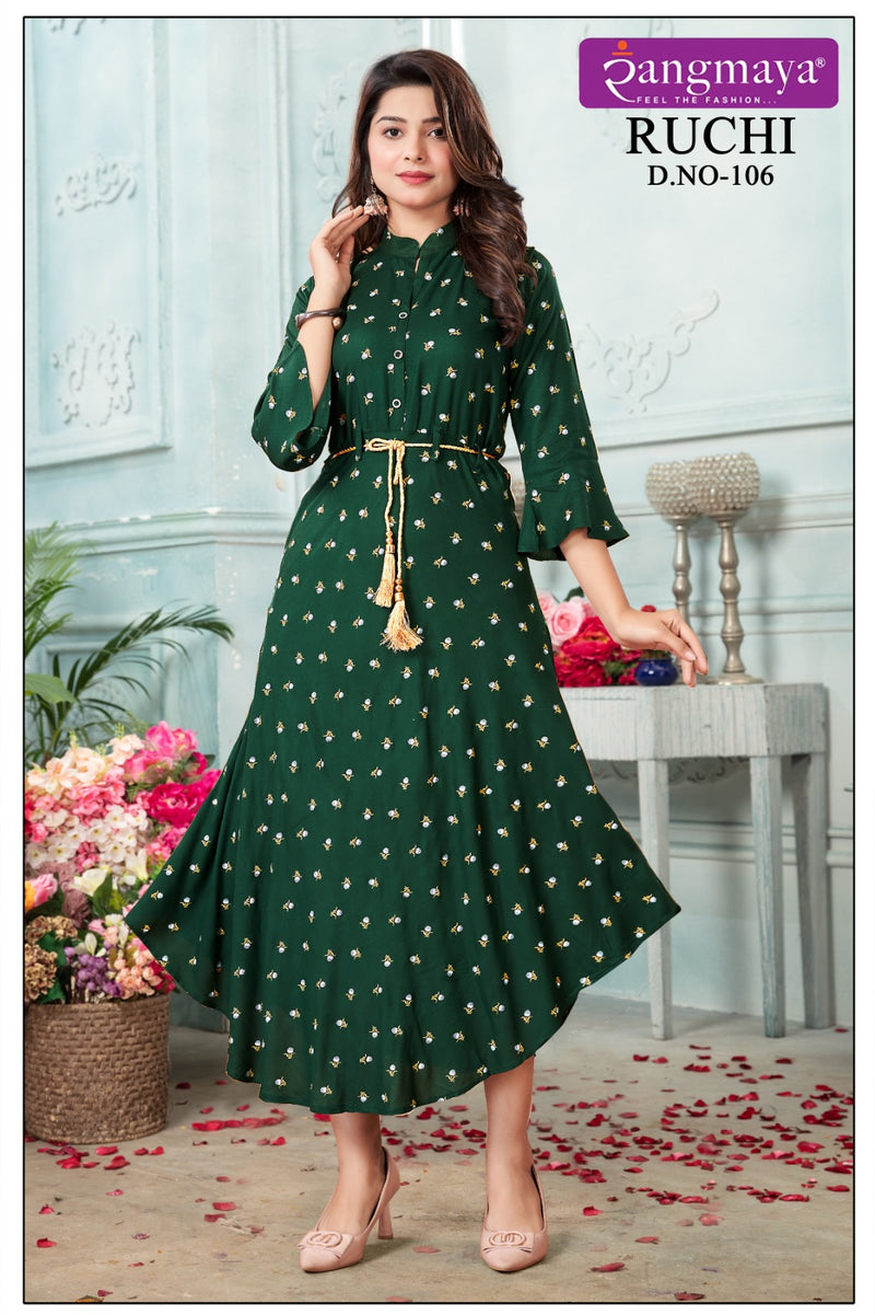Rangmaya Ruchi Rayon Printed Fancy Wetern Look Readymade Gown Collection