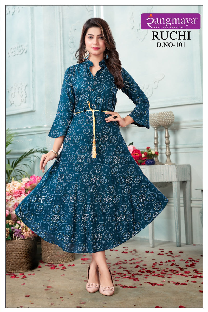 Rangmaya Ruchi Rayon Printed Fancy Wetern Look Readymade Gown Collection