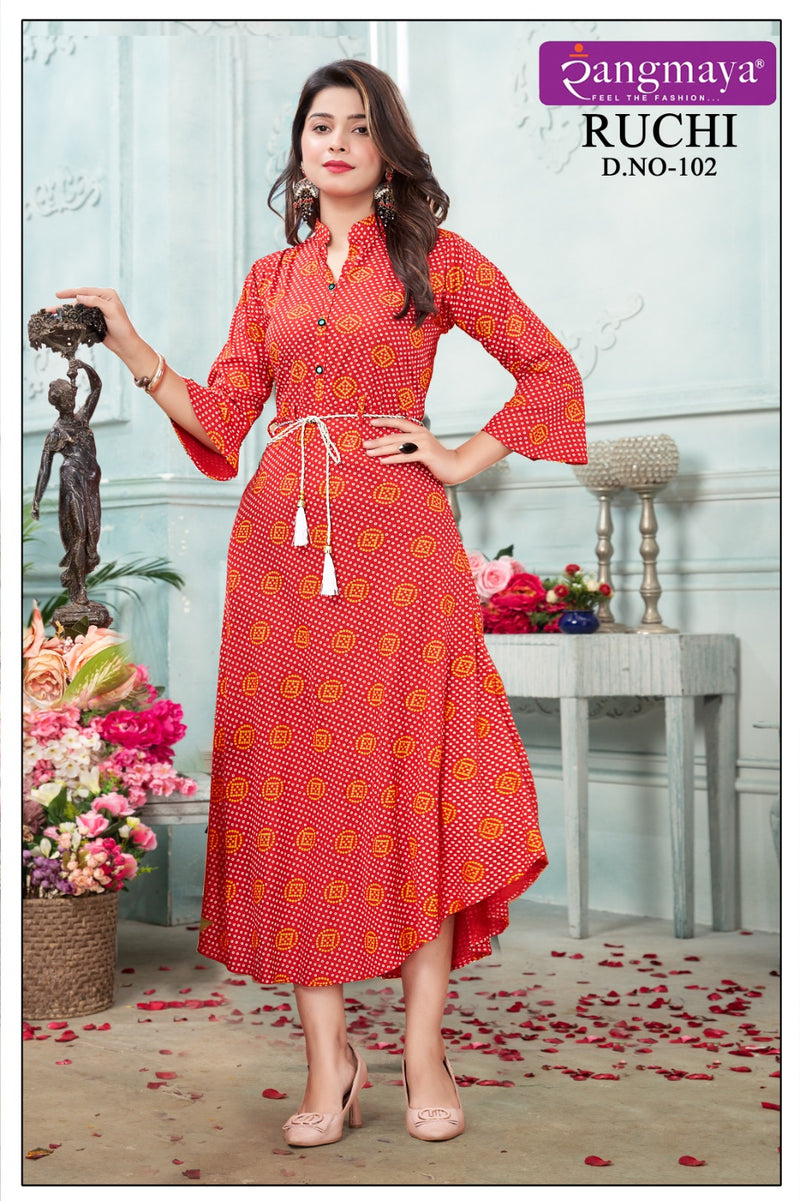 Rangmaya Ruchi Rayon Printed Fancy Wetern Look Readymade Gown Collection