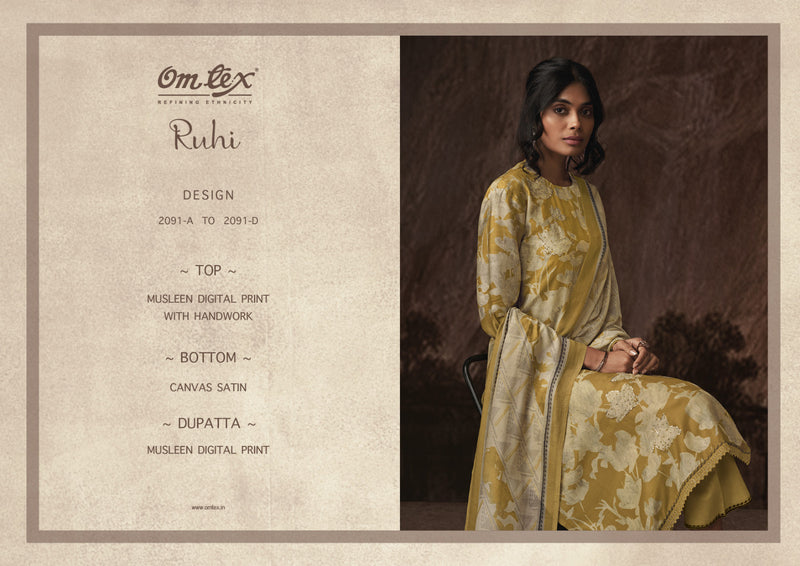 Omtex Ruhi Muslin Digital Print With Fancy Hand Work Designer Suits