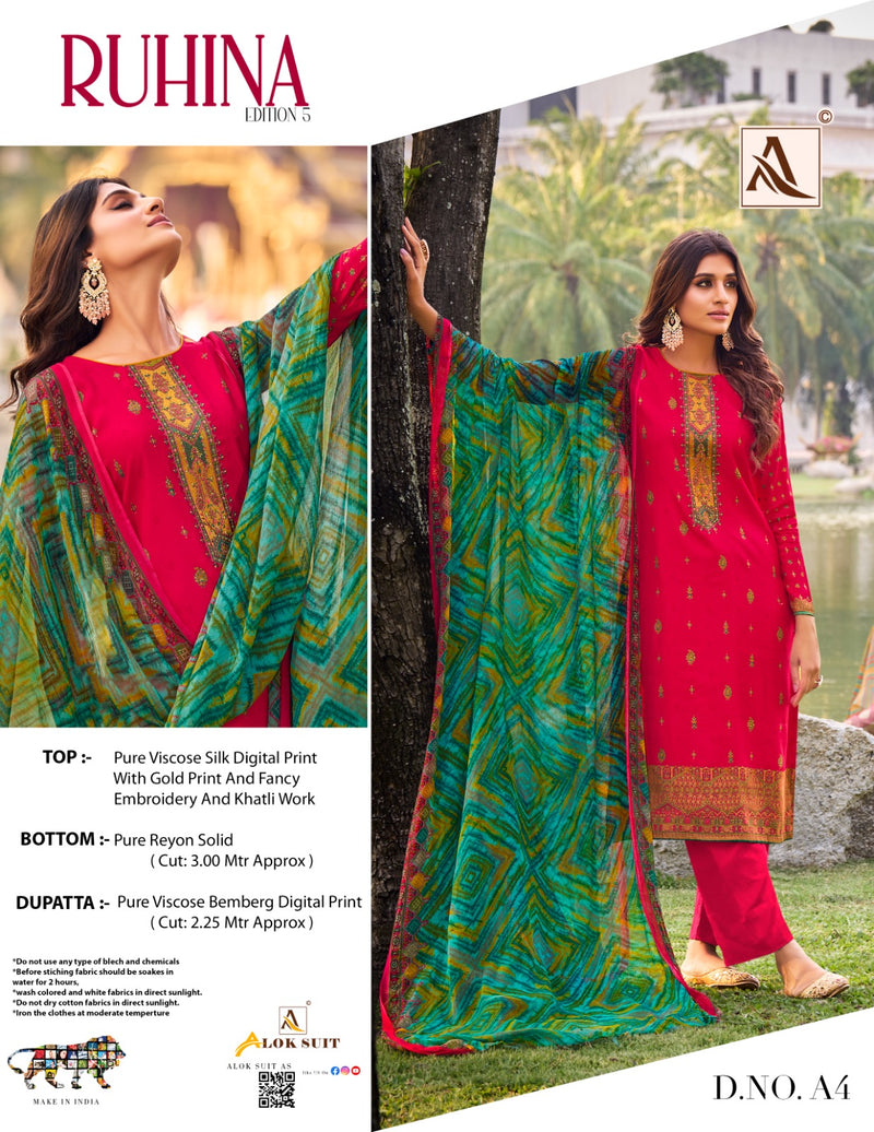 Alok Suits Ruhina Vol 5 Viscose Silk Digital Print With Fancy Embroidery Work Suits