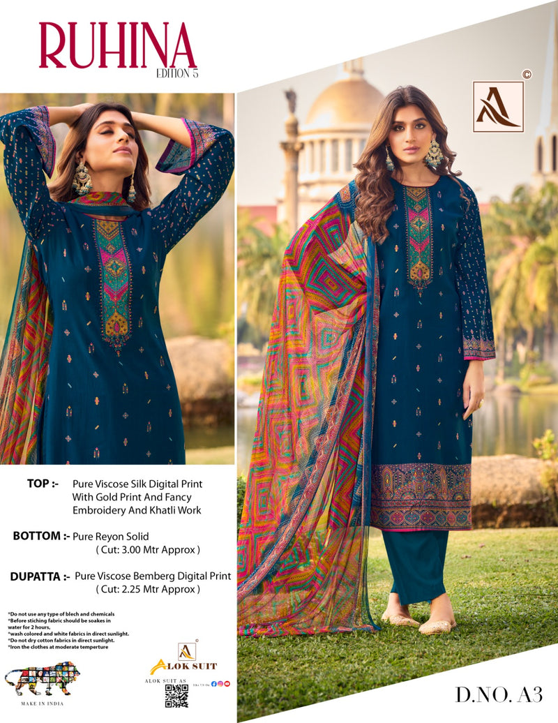 Alok Suits Ruhina Vol 5 Viscose Silk Digital Print With Fancy Embroidery Work Suits