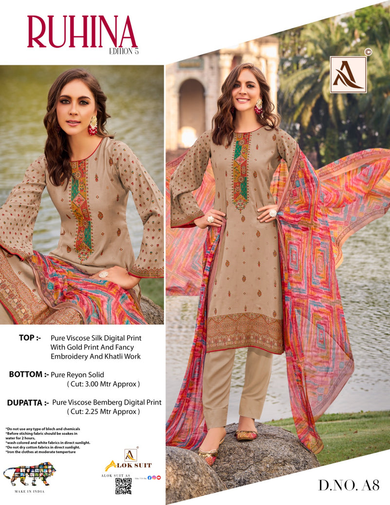 Alok Suits Ruhina Vol 5 Viscose Silk Digital Print With Fancy Embroidery Work Suits