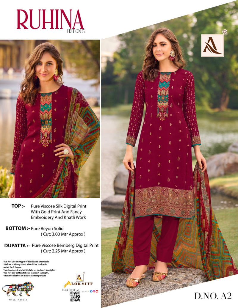 Alok Suits Ruhina Vol 5 Viscose Silk Digital Print With Fancy Embroidery Work Suits