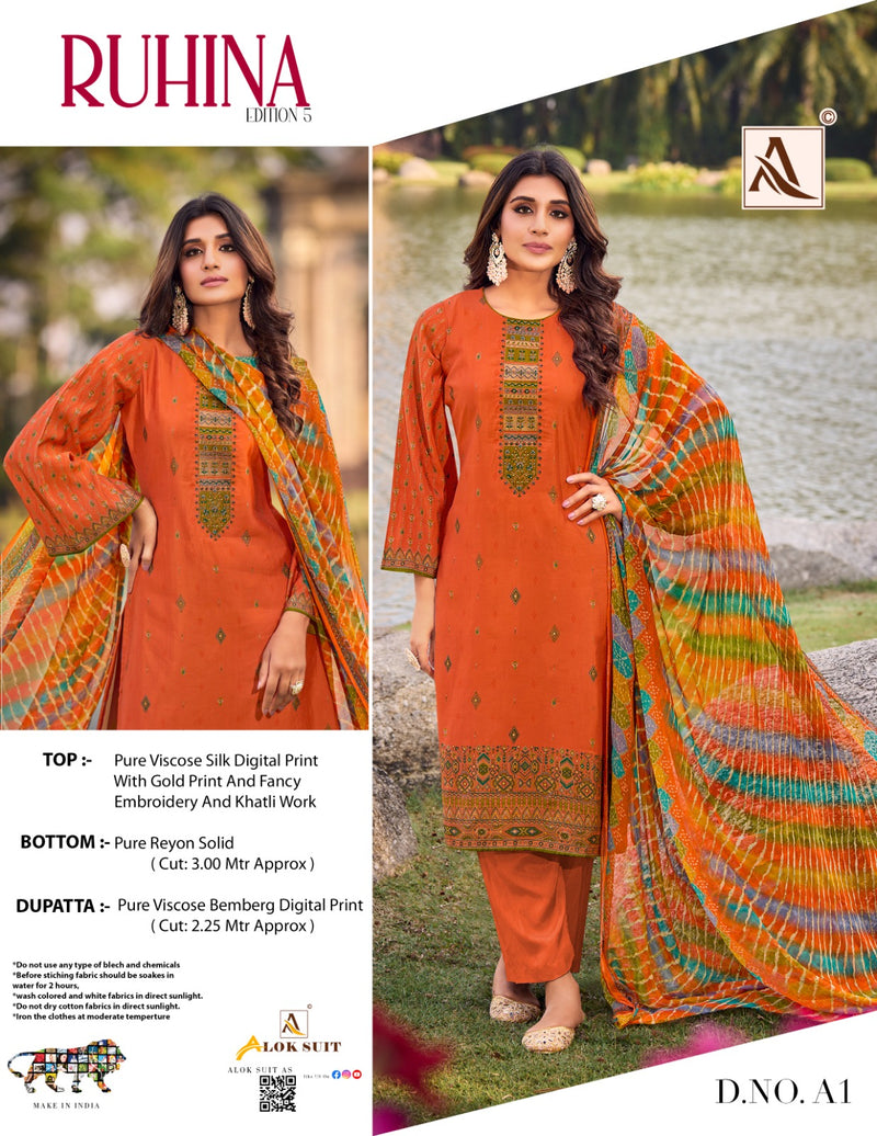 Alok Suits Ruhina Vol 5 Viscose Silk Digital Print With Fancy Embroidery Work Suits
