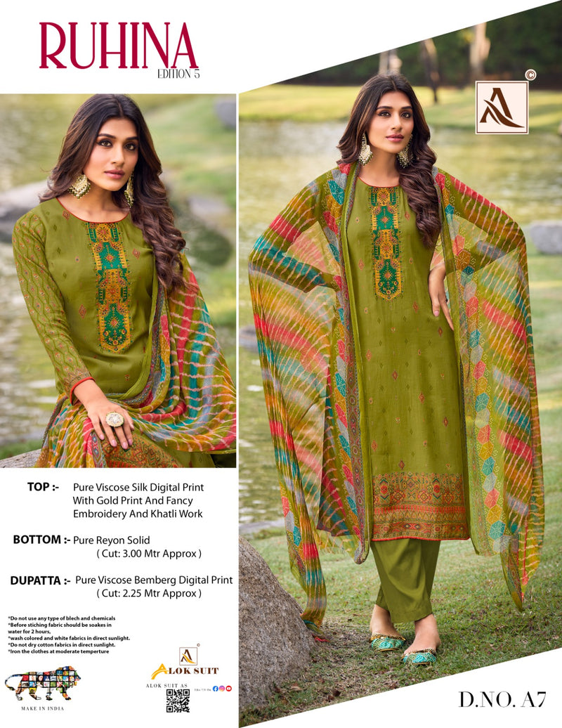 Alok Suits Ruhina Vol 5 Viscose Silk Digital Print With Fancy Embroidery Work Suits