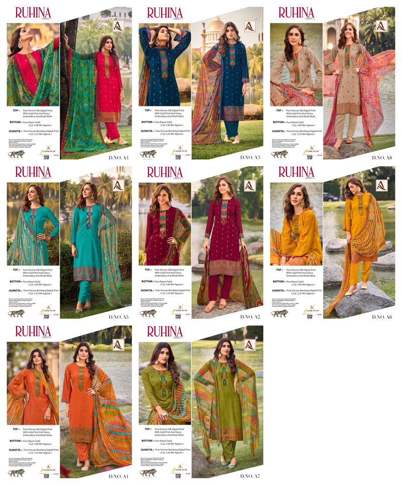 Alok Suits Ruhina Vol 5 Viscose Silk Digital Print With Fancy Embroidery Work Suits