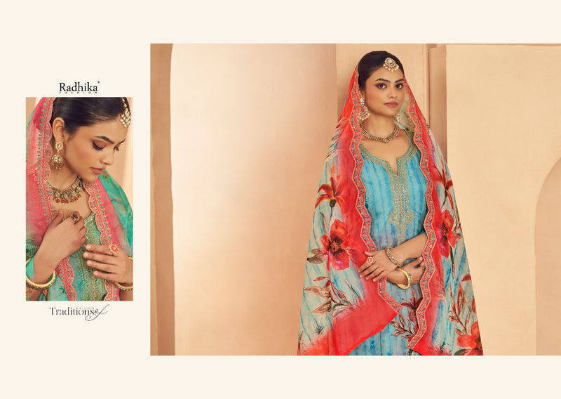 Radhika Azara Shezlin Organza Digital Print Neck Emboridered Work Salwar Suit