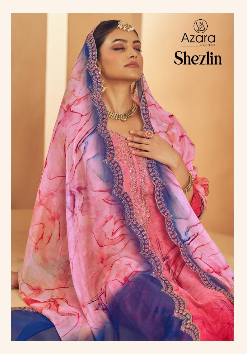 Radhika Azara Shezlin Organza Digital Print Neck Emboridered Work Salwar Suit