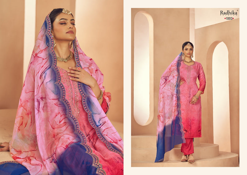 Radhika Azara Shezlin Organza Digital Print Neck Emboridered Work Salwar Suit