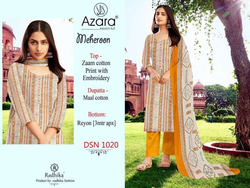Radhika Fashion Azara  Meheroon Jam Cotton Digital Print With Fancy Embroidery Salwar Suit