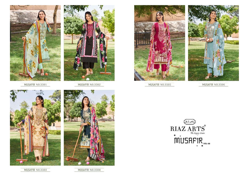 Riaz Arts Musafir Vol 8  Karachi Lawn Cotton Digital Print With Heavy Pakistani Neck Embroidery Salwar Kameez