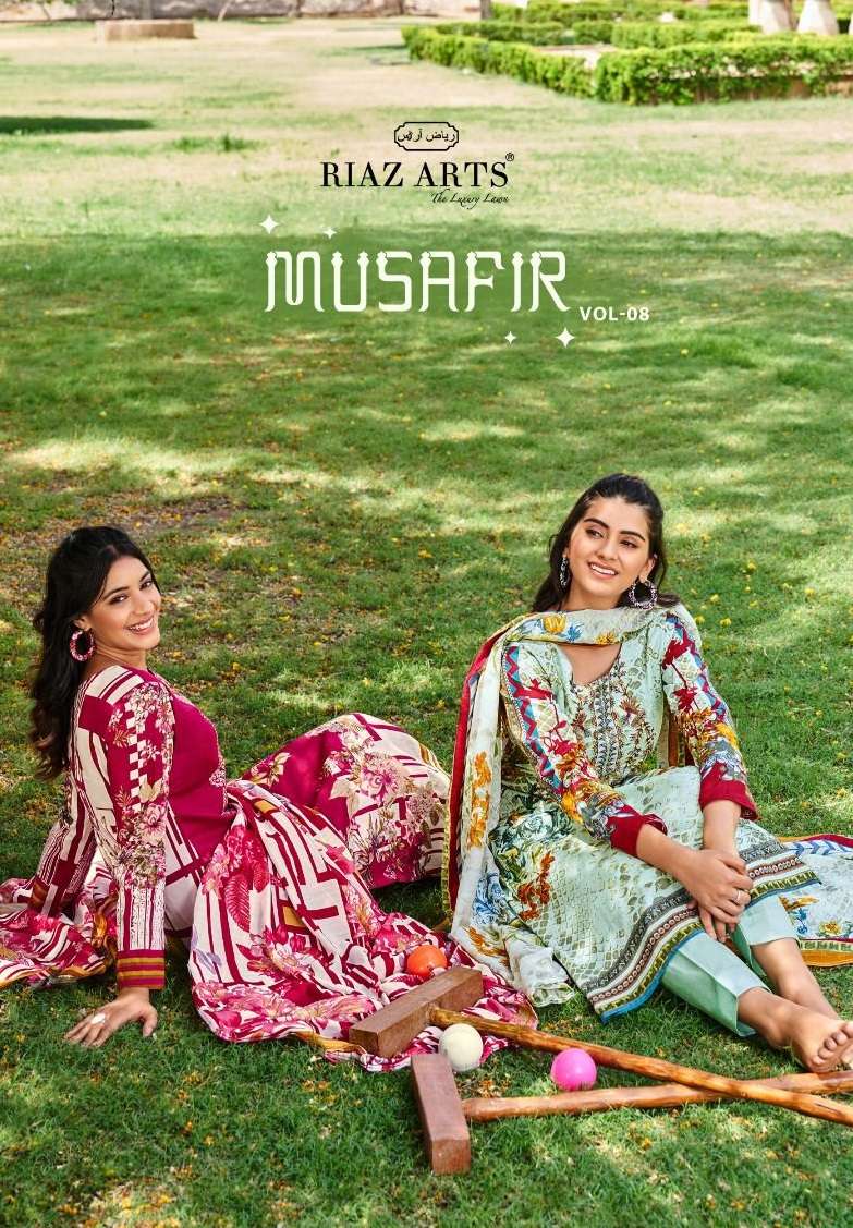 Riaz Arts Musafir Vol 8  Karachi Lawn Cotton Digital Print With Heavy Pakistani Neck Embroidery Salwar Kameez