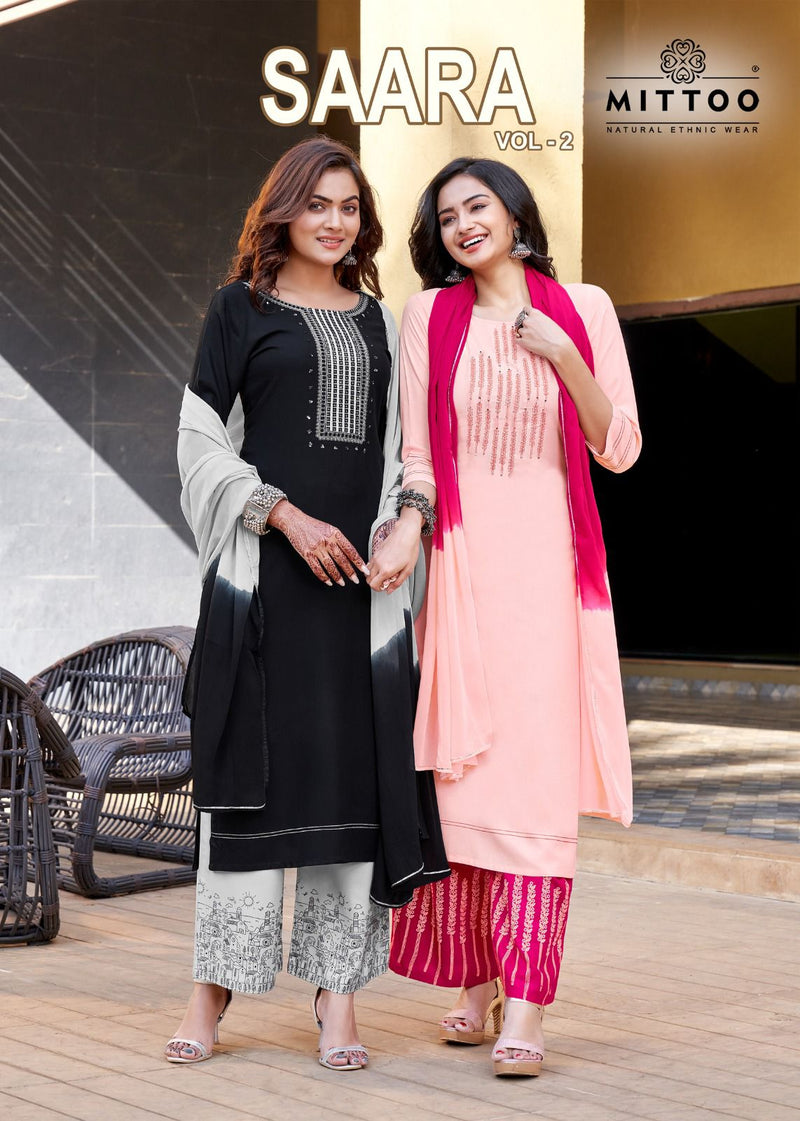 Mittoo Saara Vol 2 Rayon Fancy Neck Work Kurti With Plazzo & Dupatta