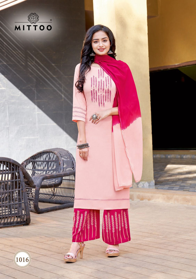 Mittoo Saara Vol 2 Rayon Fancy Neck Work Kurti With Plazzo & Dupatta